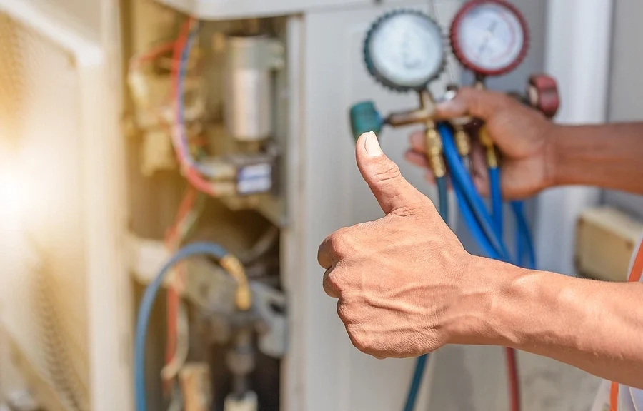 HVAC tech testing system giving thumbs up