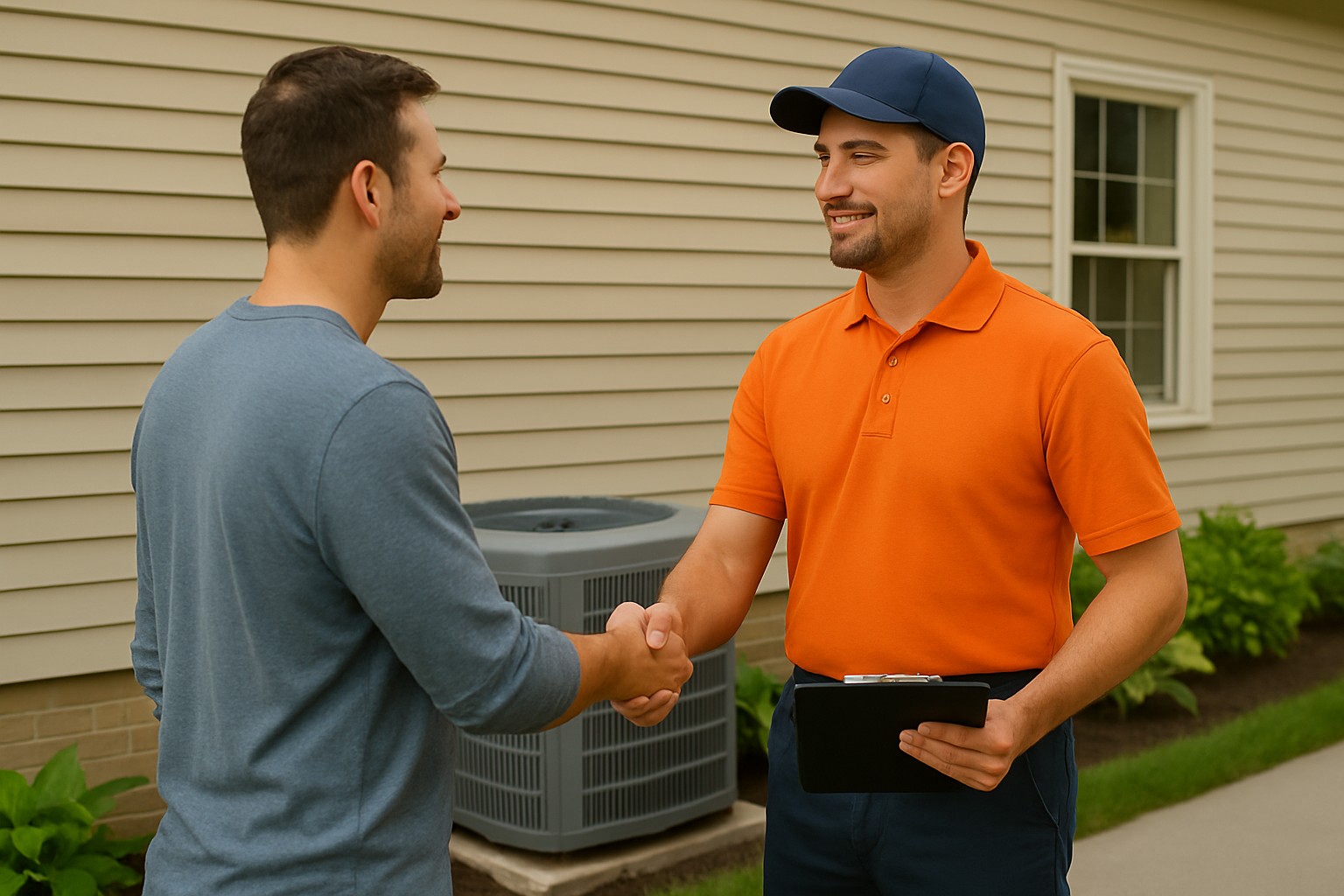 HVAC technician in an orange polo and blue cap shaking hands with a homeowner outside a beige house, while holding a clipboard beside an outdoor AC unit.