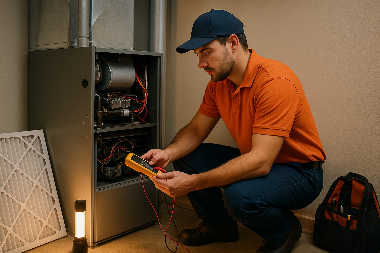 HVAC technician in an orange shirt using a multimeter to diagnose a furnace inside a home utility room