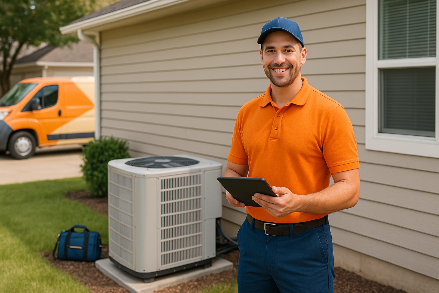 HVAC technician in orange polo and blue hat stands beside a home HVAC unit, holding a tablet and smiling as if confirming a scheduled appointment. Suburban home in background with soft brand-colored accents.