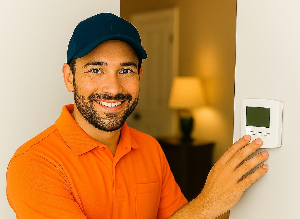 HVAC technician in orange shirt adjusting a digital thermostat on a white wall in a warmly lit home interior, smiling toward the camera.