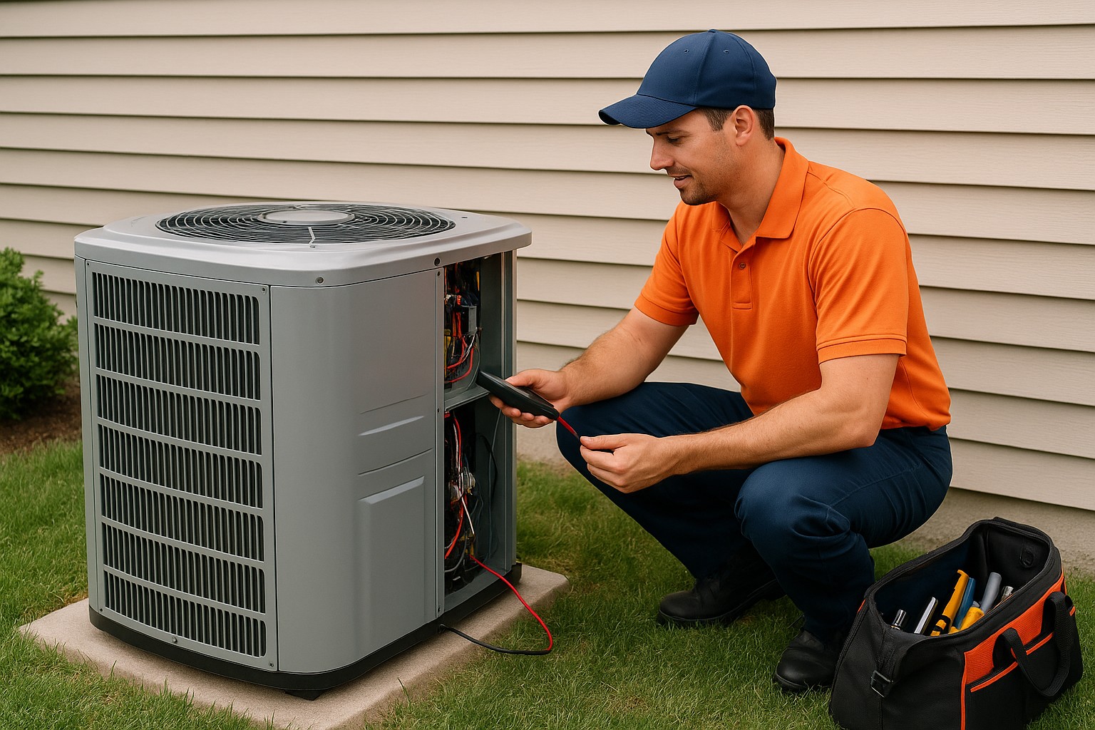 HVAC technician in orange shirt servicing an outdoor heat pump with tools and multimeter