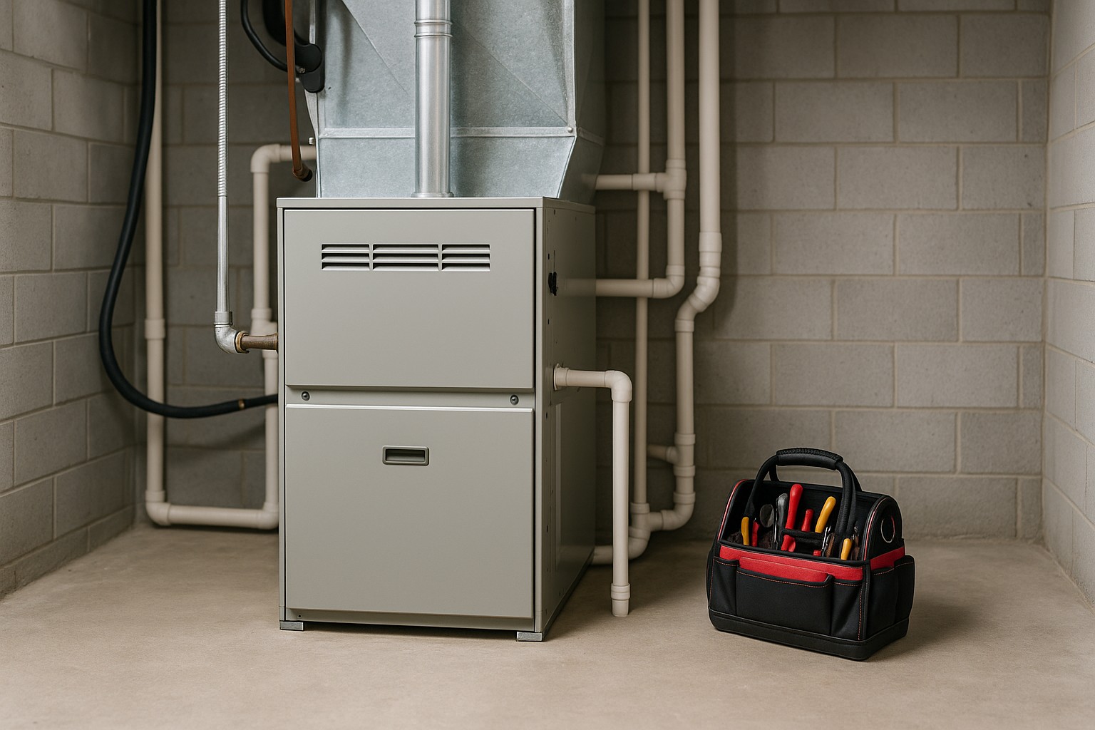 Modern residential furnace in a basement with exposed ductwork and a black and red tool bag placed on the concrete floor nearby