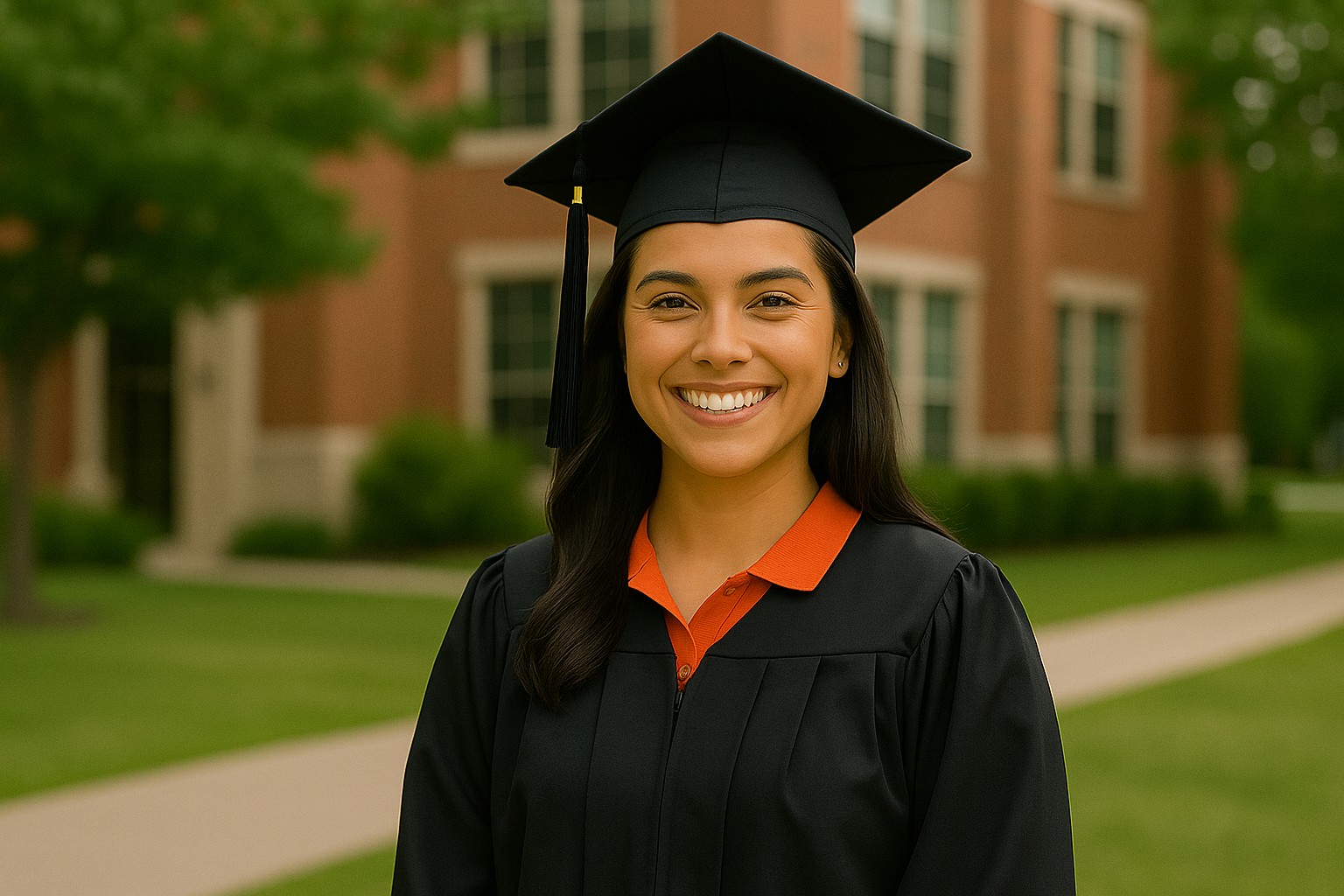 Smiling high-school graduate wearing a black cap and gown with an orange blouse underneath, standing in front of a brick school building.